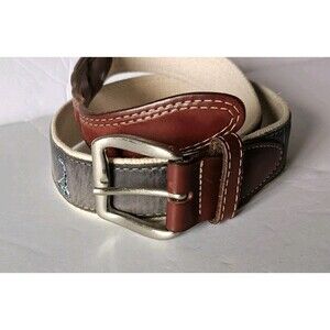 YRI Embroidered Canvas & Leather Golf Belt Size 34 Navy Blue Brass Buckle